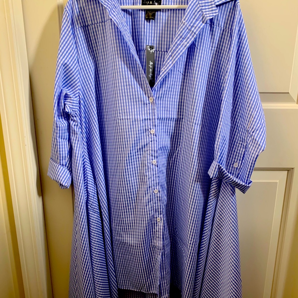 Blue gingham button up swing shirt dress